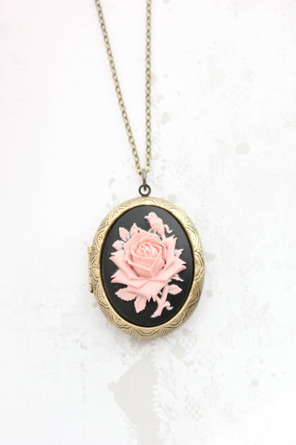 A Pocket of Posies - Big Cameo Locket Necklace - Pink and Black: 22 Inches