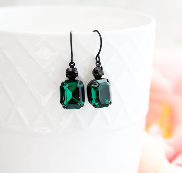 A Pocket of Posies - Emerald  Green Earrings | Vintage Glass Jewels | Black Drops