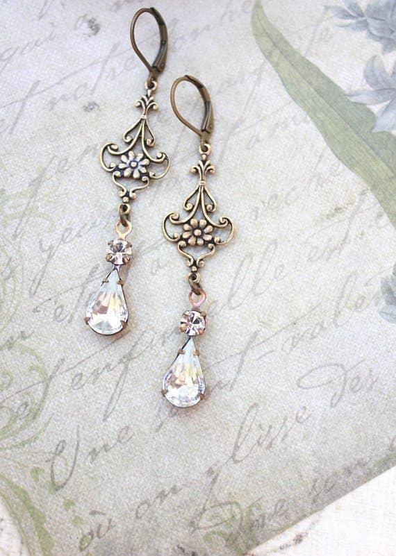 A Pocket of Posies - Long Filigree Crystal Glass Earrings - Vintage Glass