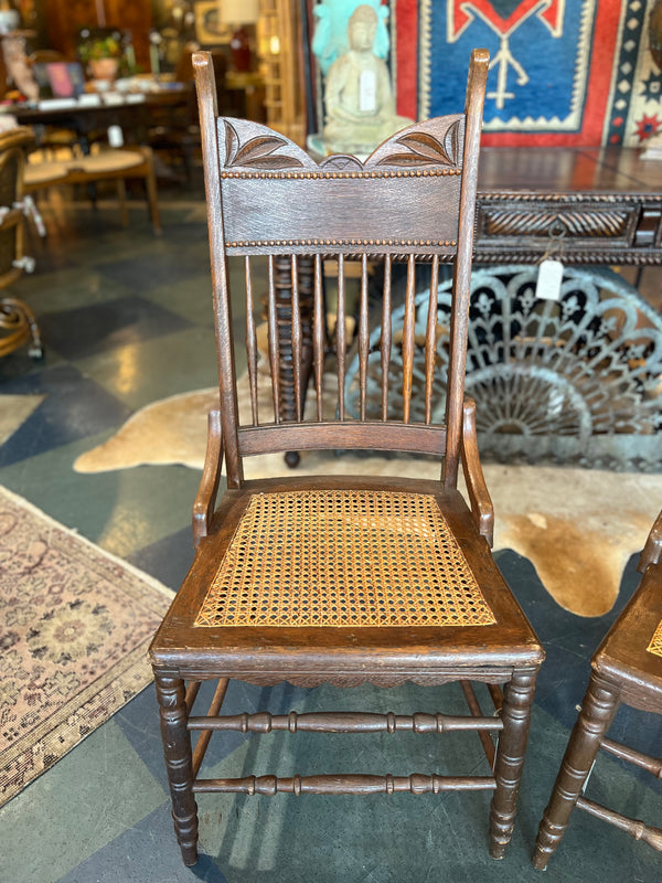 Antique Carved Wood Chairs with Cane Bottoms