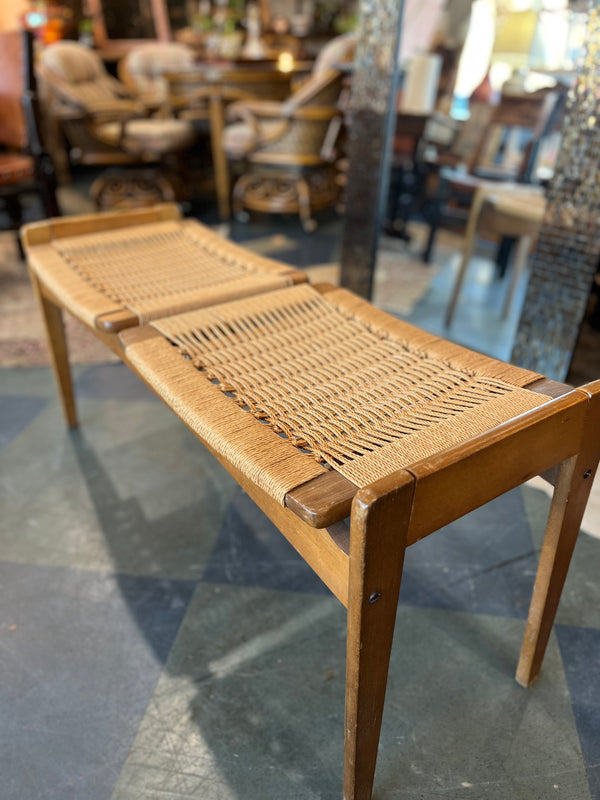 MCM Danish Teak Wood & Rattan Bench