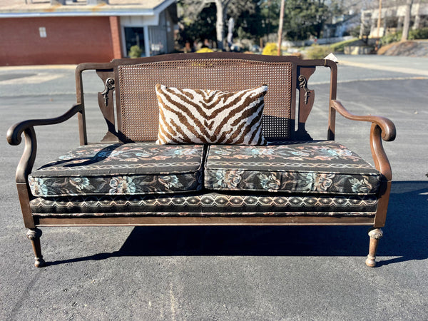 Vintage Carved Wood Cane Back Bench