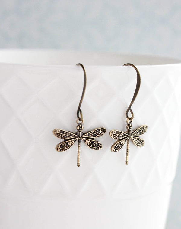 A Pocket of Posies - Little Antiqued Gold Dragonfly Earrings