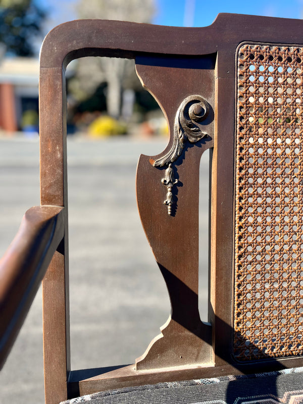 Vintage Carved Wood Cane Back Bench