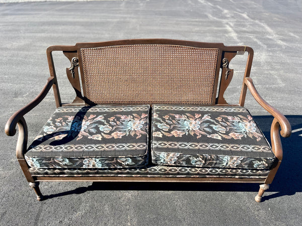 Vintage Carved Wood Cane Back Bench