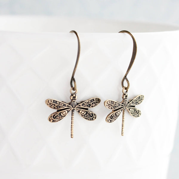 A Pocket of Posies - Little Antiqued Gold Dragonfly Earrings