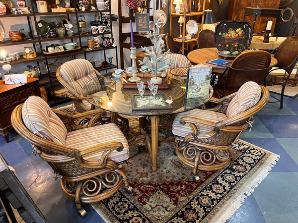 Vintage Glass & Rattan/Bamboo Table with 4 rolling chairs