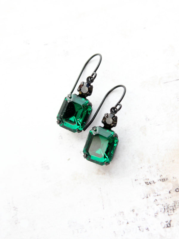 A Pocket of Posies - Emerald  Green Earrings | Vintage Glass Jewels | Black Drops