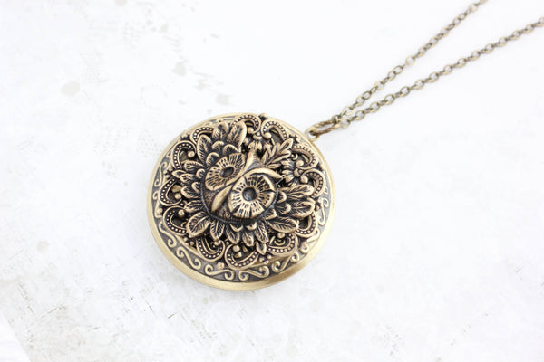 A Pocket of Posies - Owl Locket Necklace - Antiqued Gold Brass: 24 inches