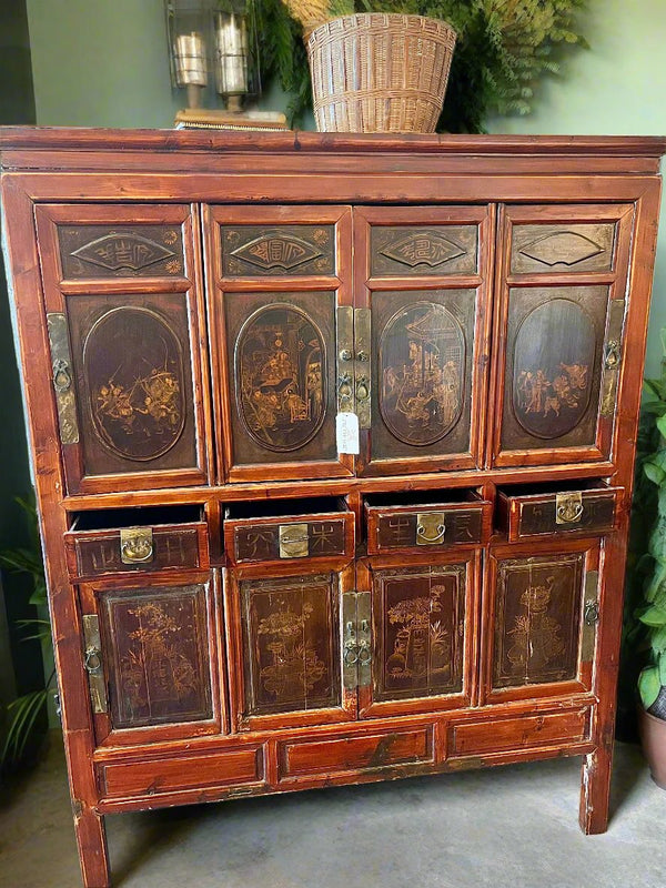 Rare Vintage Chinoiserie Style 8-Door Cabinet