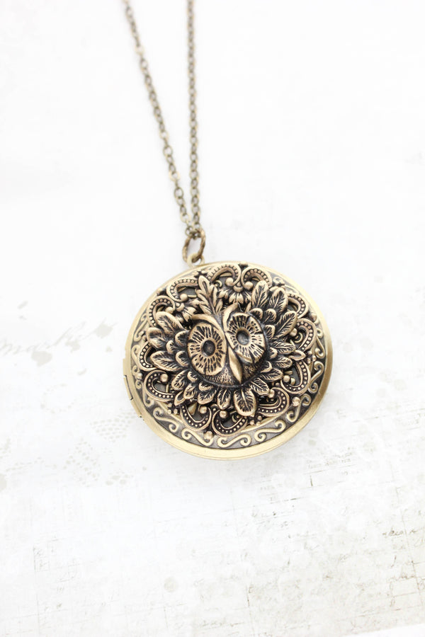 A Pocket of Posies - Owl Locket Necklace - Antiqued Gold Brass: 24 inches