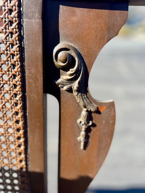 Vintage Carved Wood Cane Back Bench