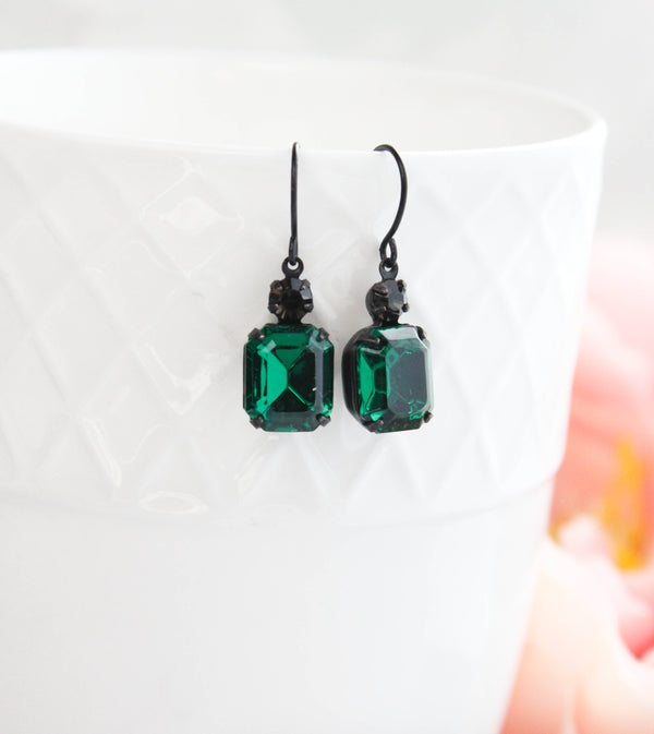 A Pocket of Posies - Emerald  Green Earrings | Vintage Glass Jewels | Black Drops