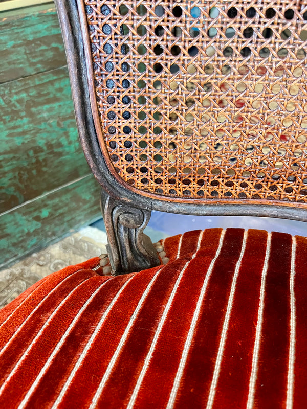 Vintage Red Striped Velvet Cane Chair Set