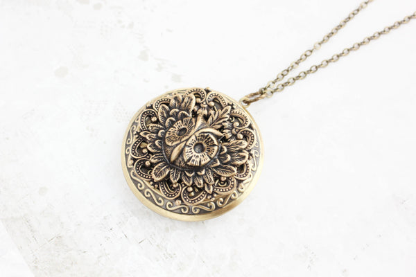 A Pocket of Posies - Owl Locket Necklace - Antiqued Gold Brass: 24 inches