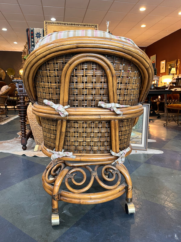 Vintage Glass & Rattan/Bamboo Table with 4 rolling chairs