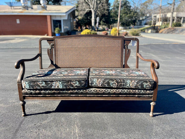 Vintage Carved Wood Cane Back Bench