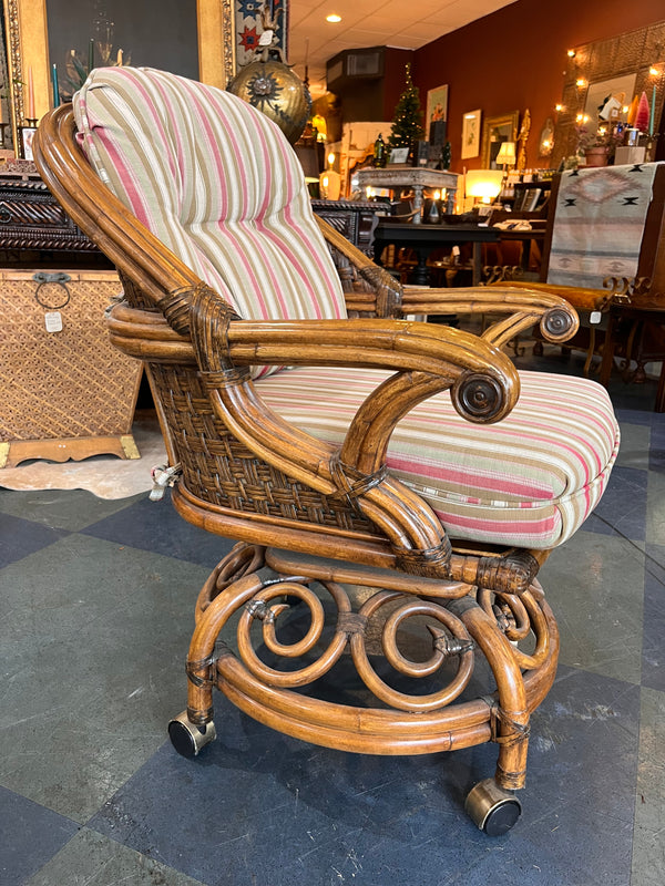 Vintage Glass & Rattan/Bamboo Table with 4 rolling chairs