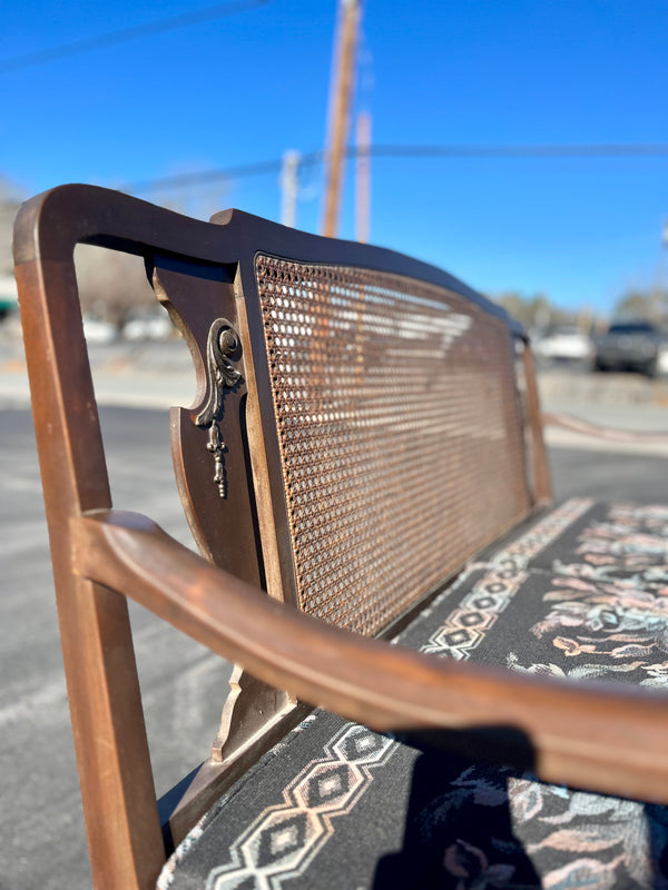 Vintage Carved Wood Cane Back Bench