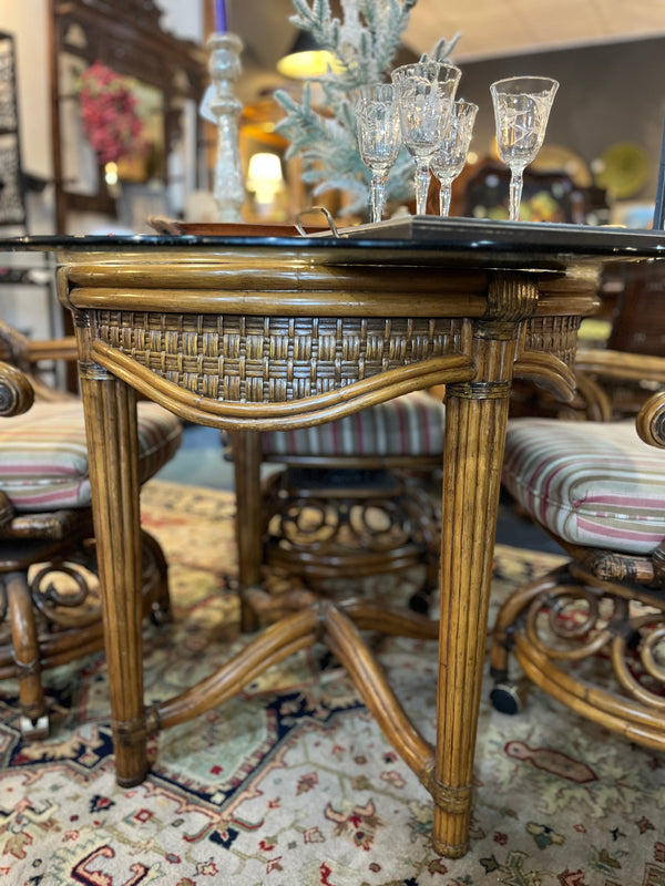 Vintage Glass & Rattan/Bamboo Table with 4 rolling chairs