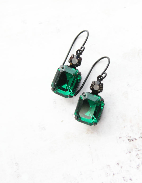 A Pocket of Posies - Emerald  Green Earrings | Vintage Glass Jewels | Black Drops