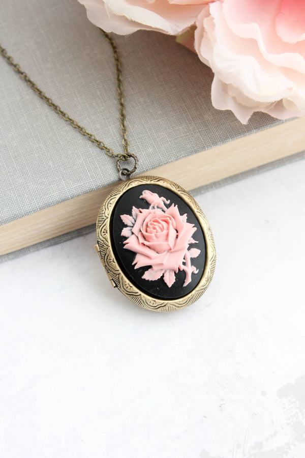 A Pocket of Posies - Big Cameo Locket Necklace - Pink and Black: 22 Inches