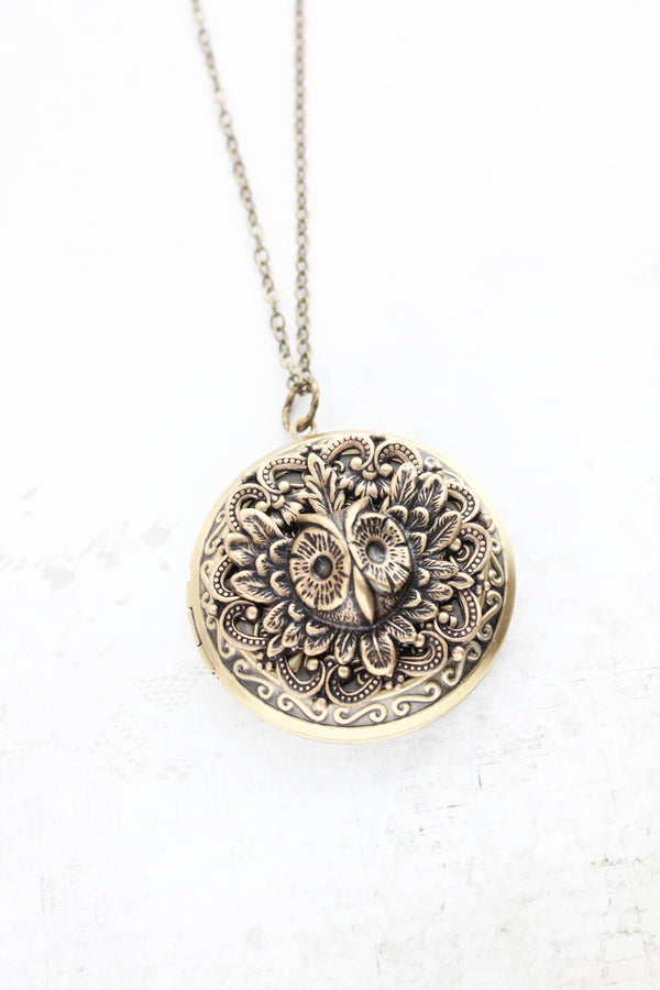 A Pocket of Posies - Owl Locket Necklace - Antiqued Gold Brass: 24 inches