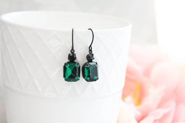 A Pocket of Posies - Emerald  Green Earrings | Vintage Glass Jewels | Black Drops