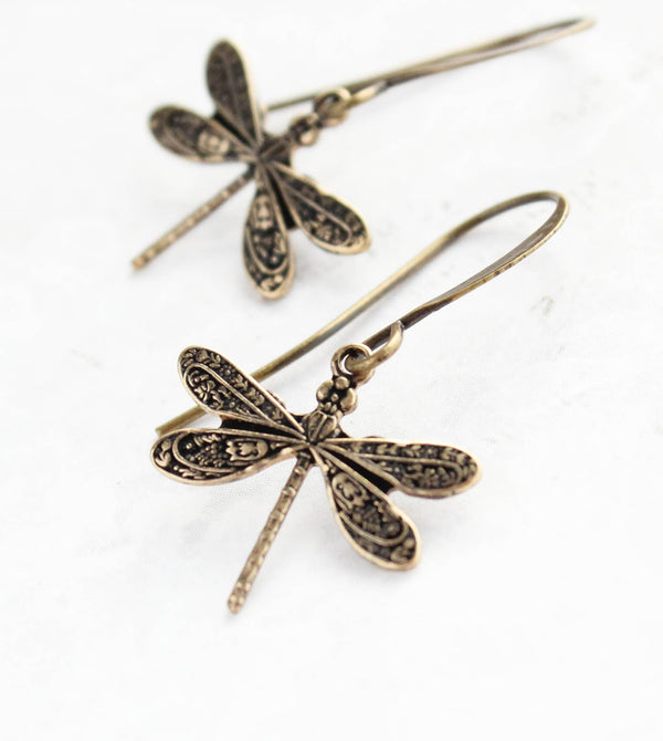 A Pocket of Posies - Little Antiqued Gold Dragonfly Earrings