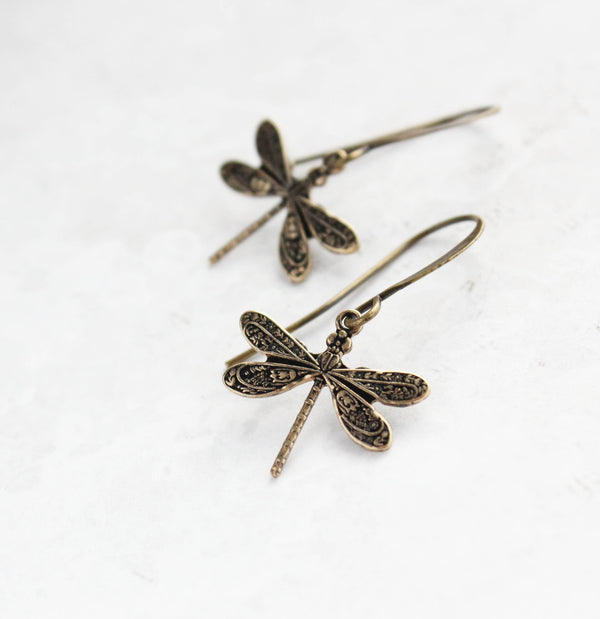 A Pocket of Posies - Little Antiqued Gold Dragonfly Earrings